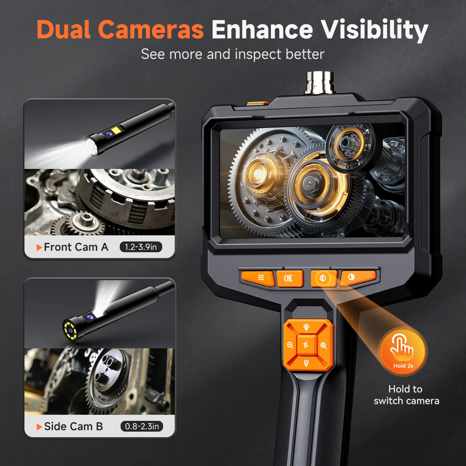 Dual Lens Handheld Endoscope with 4.3inch IPS Screen 16.4ft Semi-Rigid Snake Cable Inspection Camera for Automotive,Sewer, HVAC,
