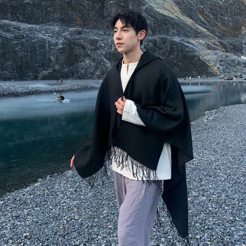 Black Warm Cashmere Blend Ponchos Male Winter Autumn Oversized Shawl Tassel Wraps Male Cloak Hooded Coat Thicken Pashmina