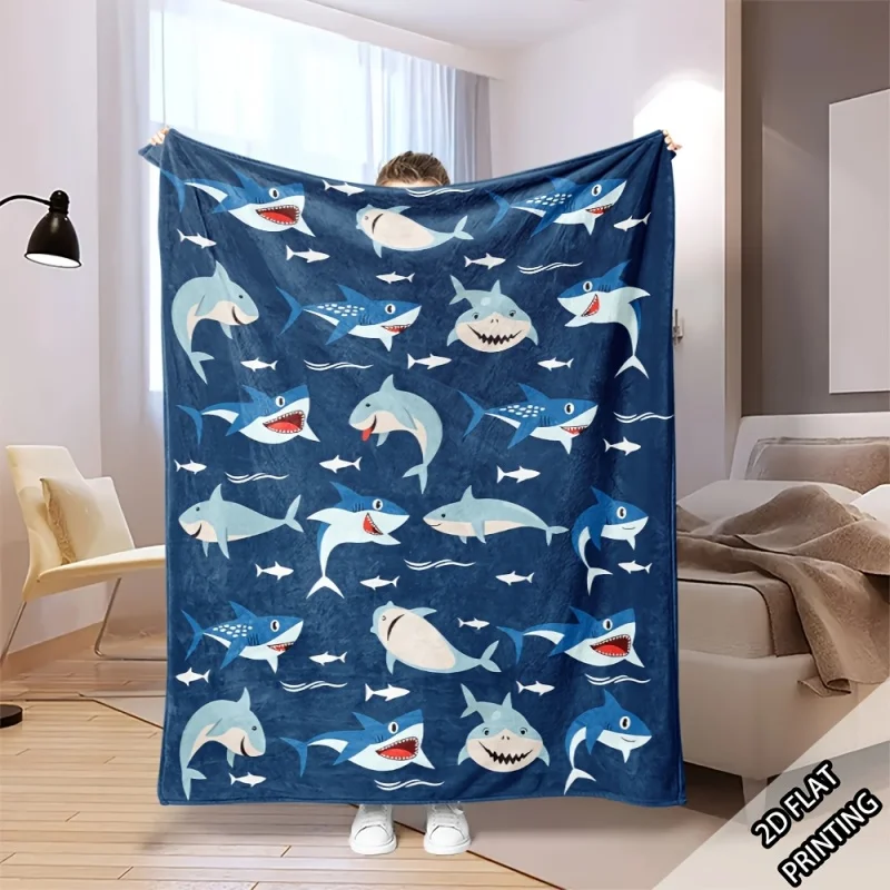 Navy Blue Cartoon Shark Ocean Repeat Print Flannel Throw Blanket, Soft Kids Blanket for Bedroom Beach Themed Sofa Decor