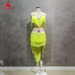 Dança do ventre high-end personalizado criança feminina adulto elegante borla sutiã prática roupas terno diamante topo saia longa conjunto de desempenho