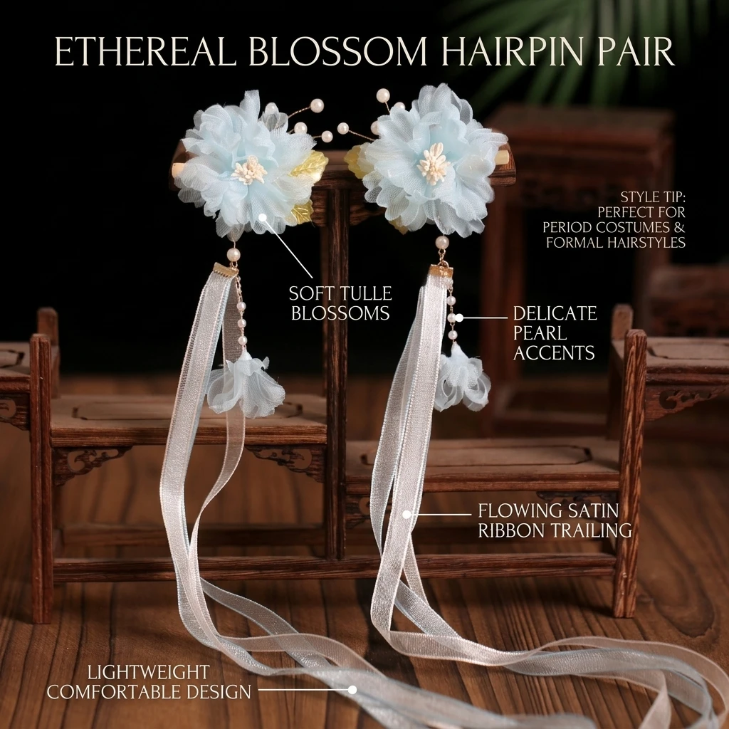 Chiffon-Blumen-Haarspangen, chinesische Hanfu-Haaraccessoires für Frauen, 2 Stück, rosa/blau, florale Quasten-Haarnadel, Retro-Perlen-Haarspangen – Detail 4