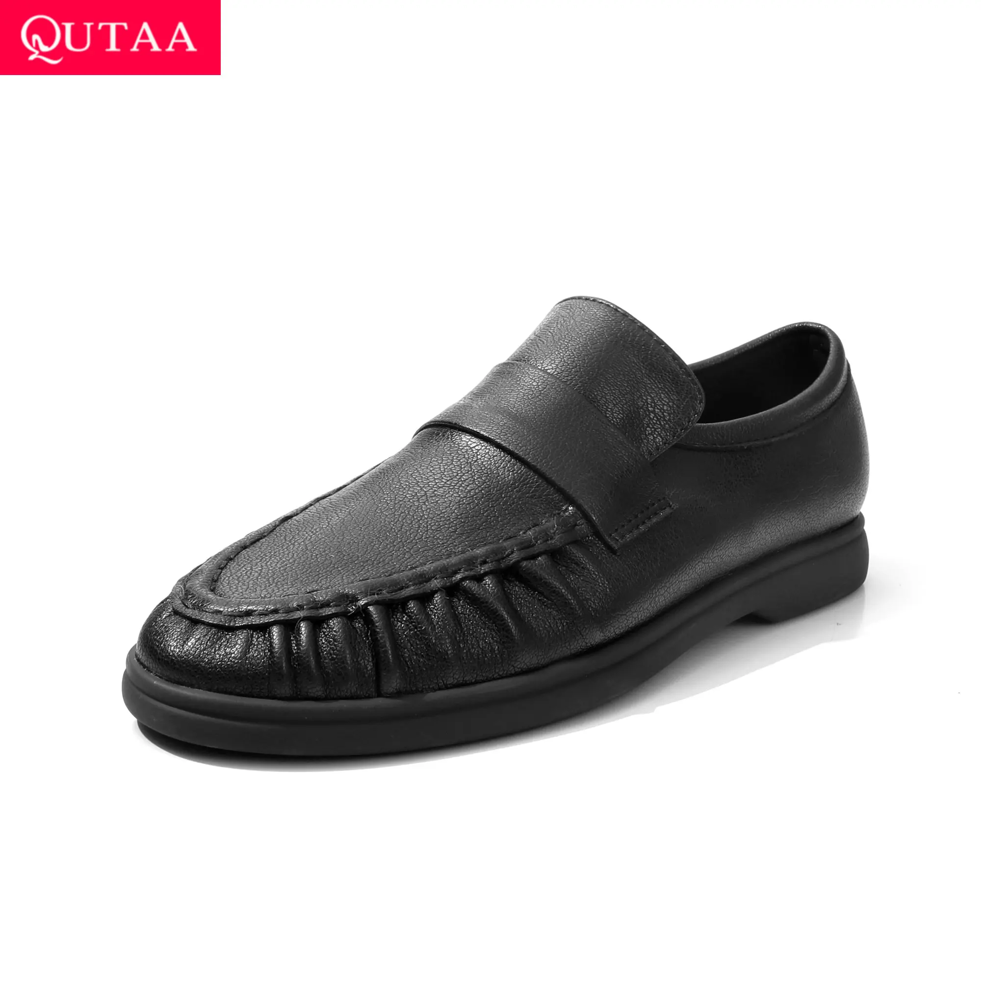 

QUTAA 2026 News Genuine Leather Women Flats Shoes Woman Spring Wrinkled Casual Loafers Shoes Round Toe Ladies Dress 34-40
