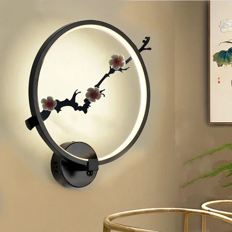 

Personality Led Round Plum Blossom Wall Lamp New Chinese Style Hotel Bedroom Bedside Lamp Aisle Corridor Decoration Lamp