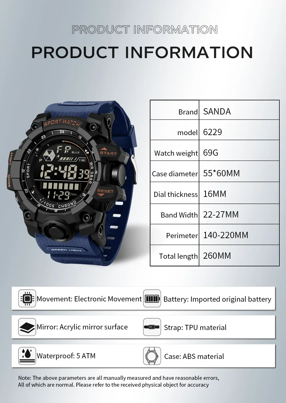 SANDA SD6229 G style Male Outdoor Sports Waterproof  Analog Digital Show Multifunction Big Dial Electronic Wristwatch