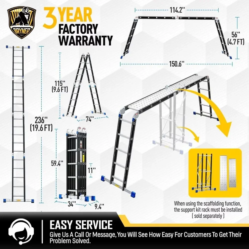 Step Ladder, Folding Ladder 19.6ft Multi-Purpose Aluminium Extension Ladders, 7 in 1 Folding Adjustable Telescoping Step Ladder