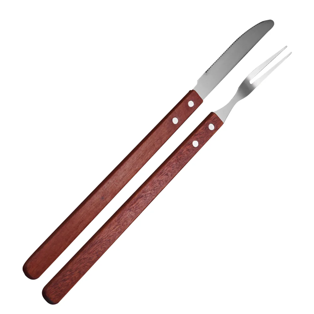 

Barbecue Knife and Fork Serving Utensils Food Tableware Wood Long Handle Cutlery