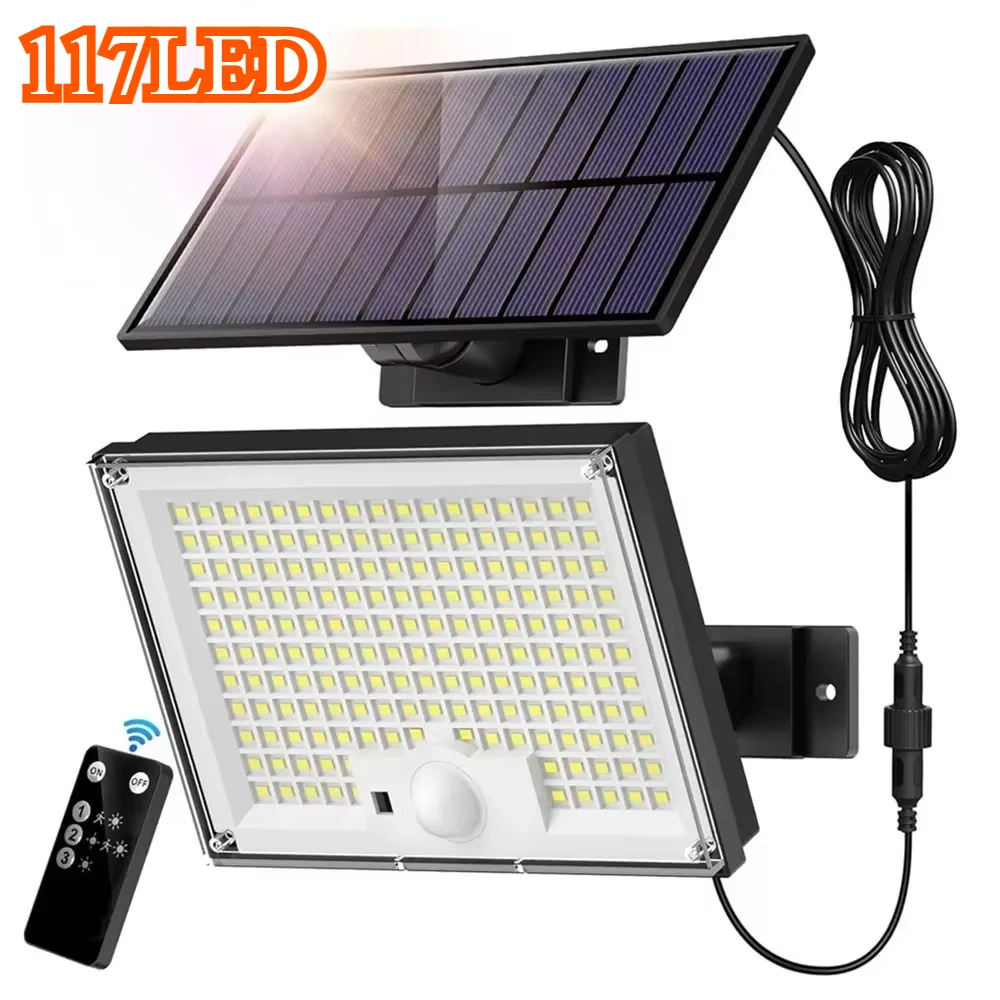 172LED Solar Light Outdoor Waterproof with Motion Sensor Floodlight Remote Control 3 Modes for Patio Garage Backyard Lighting