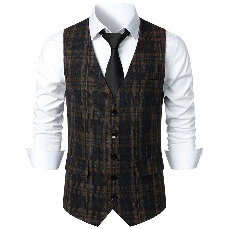 

#4860 Autumn Winter Plaid Blazer Vest Men Single Breasted Office Vest Slim Fit Split Joint Sleeveless Vintage Men's Vest Pockets