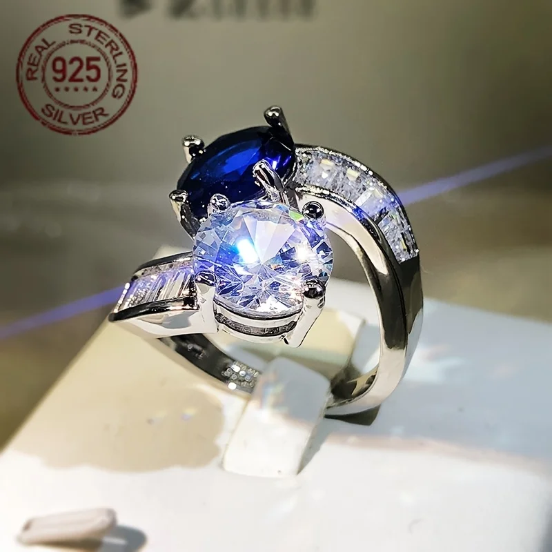 

Creative Niche Design Blue White Imitation Crystal Gemstone 925 Sterling Silver Open Ring Luxury High Quality Women Jewelry