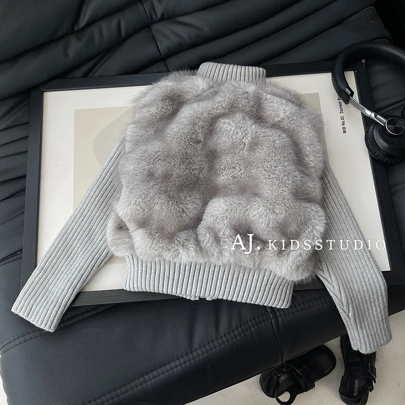 Stand Collar Faux Fur Girls Quilt Coat Winter Knitted Sleeve Patchwork Warm Cotton Jacket Fashion Children Outerwear