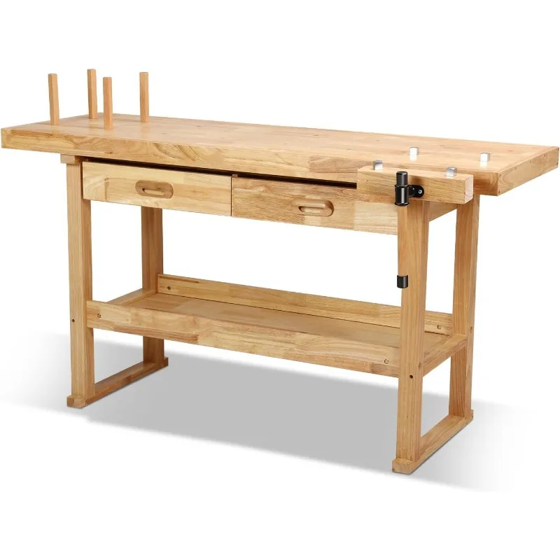 Workenches Rubberwood Work Bench with 2 Drawers and Adjustable Rotating Handles for Garage, Workshop, Home and Office