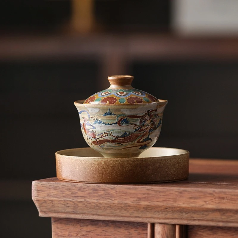 

Handmade Dunhuang Sancai Covered Bowl Household Creative Chinese Kung Fu Tea Set Tureen Retro Teacups Ceramic Gaiwan Teaware