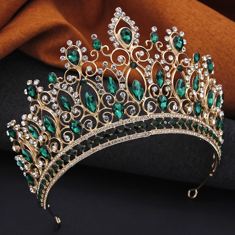 Baroque Large Crown Royal Queen Tiaras and Crowns Green Diadem Big Headwear Bridal Wedding Crown Hair Jewelry Prom Headdress