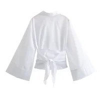 New Women's Fashion Casual Polo Neck Bow Tie up Short Edition Double Breasted Poplin Shirt - Image 5