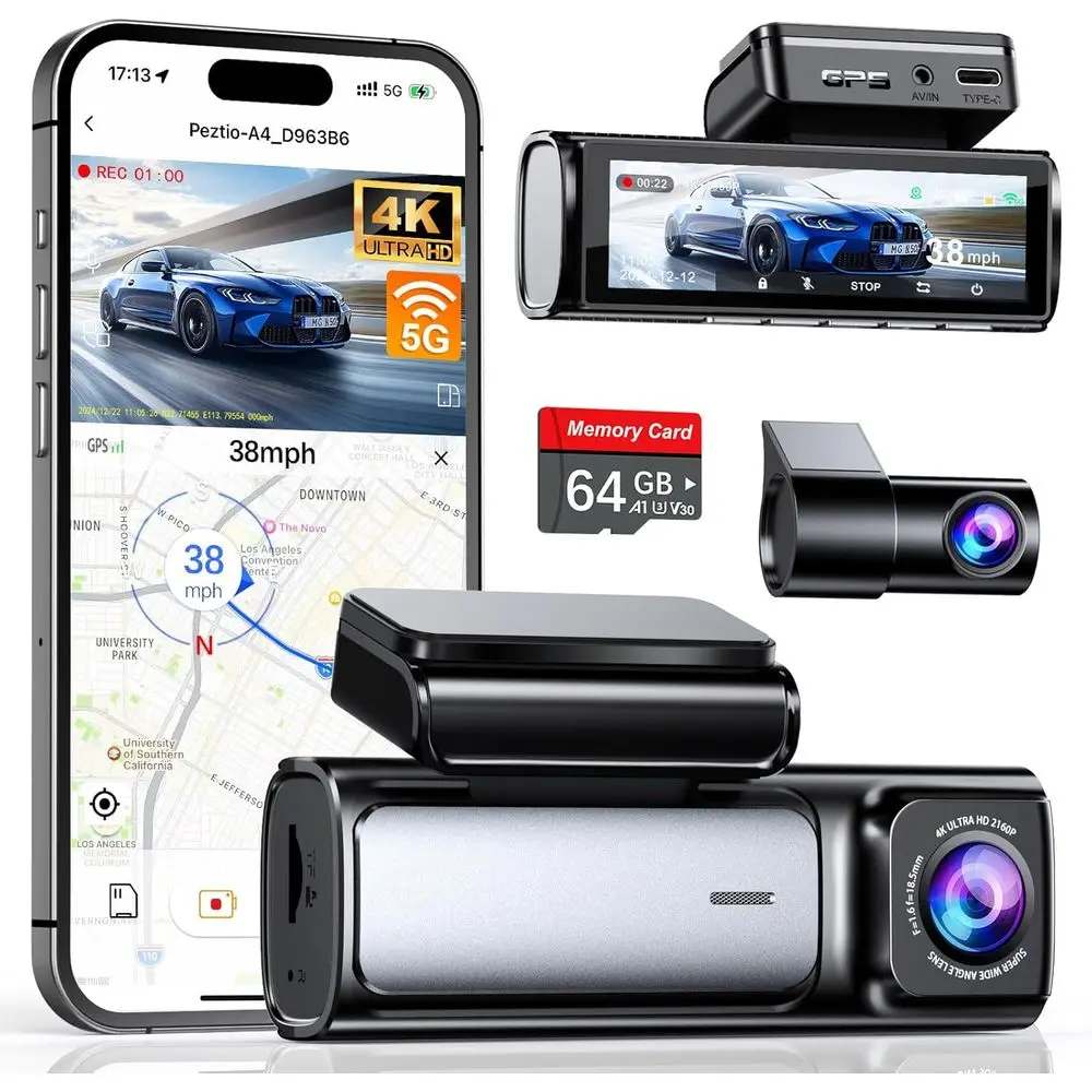 

Dual 4K Cameras with 5G, GPS, 64GB Card, 3.59 IPS Display, G-Sensor, Loop Recording, WDR, Night Vision, 24H Monitor