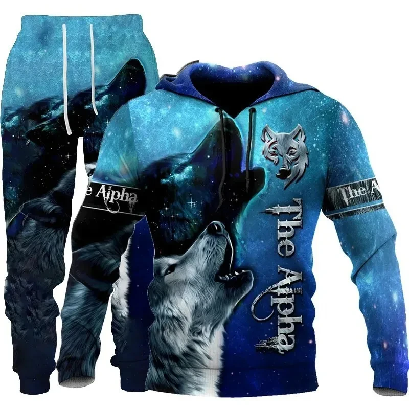 Conjunto de chándal informal para hombre y mujer, traje de 2 piezas con estampado 3D de tatuaje de tótem de Lobo, Sudadera con capucha y pantalones,