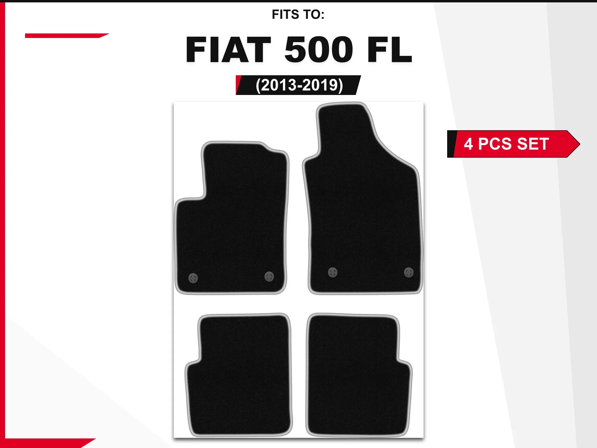 Velourstapijten voor: Fiat 500 FL 2013-2019 hatchback zwart en zilver bijpassende set autovloerbedekking