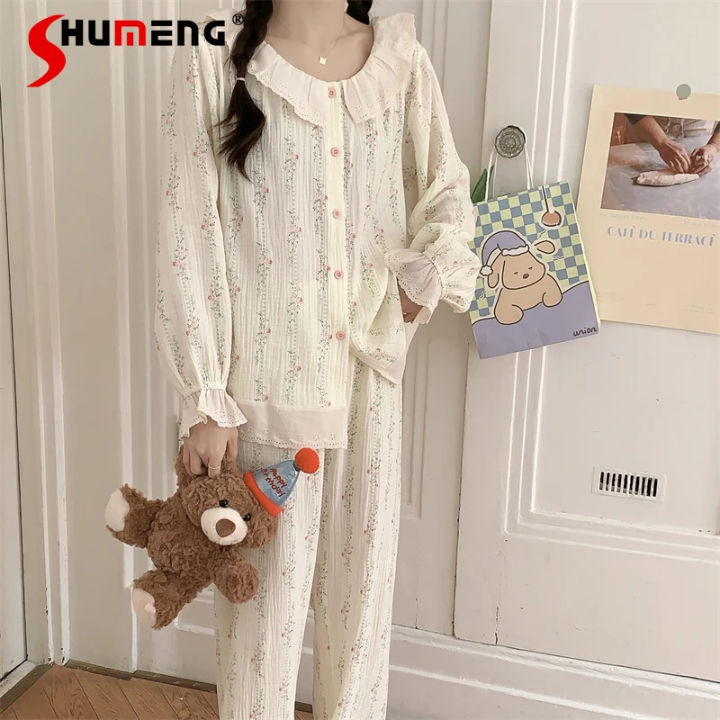 

Autumn Pure Cotton Gauze Pajama Set for Women Sweet Princess Style High End Sleep Suits Female Gentle Style Homewear Set