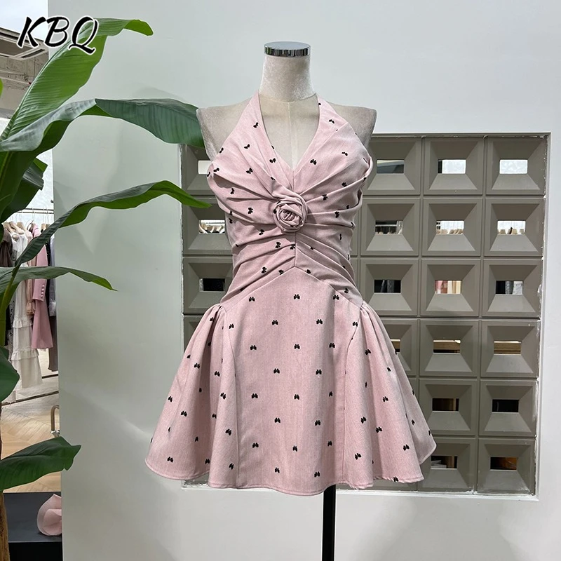 

KBQ Hit Color Spliced Appliques Dot Slimming Dresses For Women Halter Sleeveless High Waist Folds Mini Dress Female Fashion New