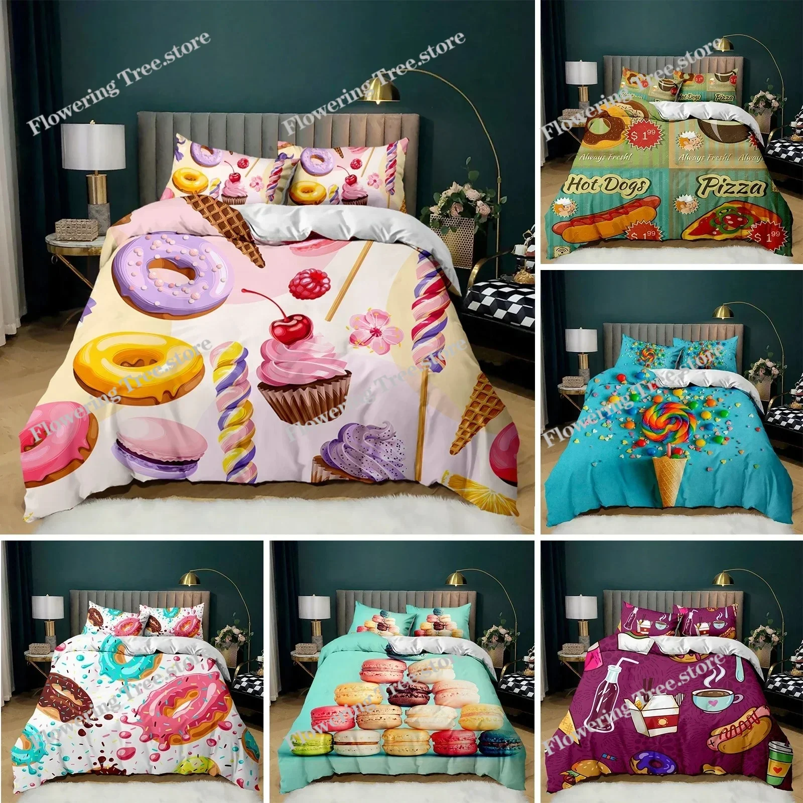 Doughnut Duvet Cover Colorful Tie Dye Qulit Cover for Kids Gift Girly Cute Sweet Multicolor Dessert Food Polyester Bedding Set