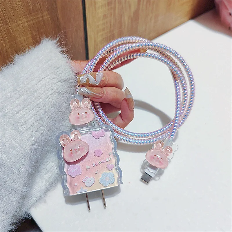 Pink Rabbit Cable Charger Protector Sleeve for IPhone 15 14 13 12Pro 18W 20W Original Charger Data Cable Wire Winder Protective