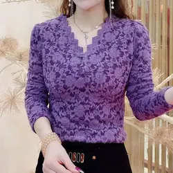 Elegant Sexy Floral Lace Hollow Out T-shirt Autumn Winter Thick Warm Women's Clothing Solid Color Slim V-Neck Korean Pullovers