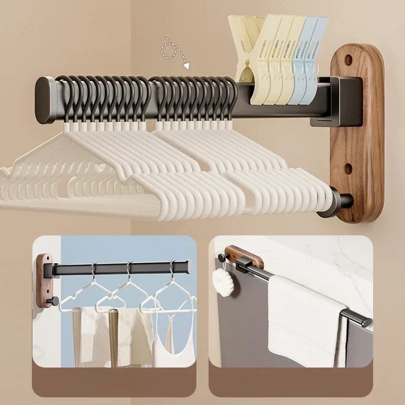 Foldable Walnut and Beech Bathroom Towel Bar, Wall-Mounted Wall Drying Rod, Clothes Rack