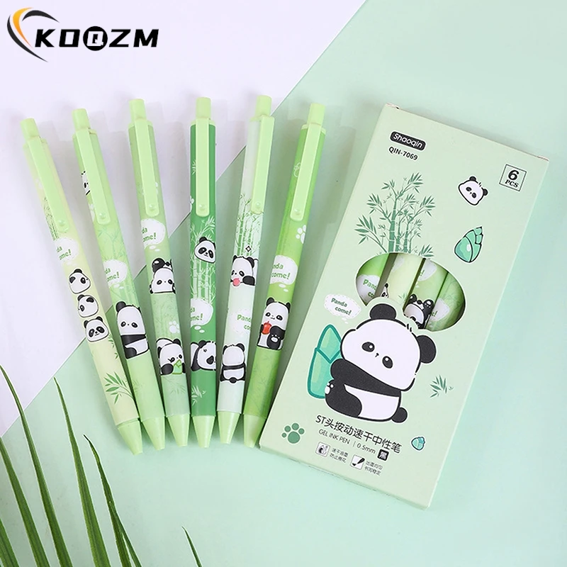 Cute Cartoon Panda Gel Pen, Adorável pressionando canetas, Canetas de escrita suave, Material de papelaria de estudante escolar, Engraçado, 4 pcs por pacote, 6pcs por pacote