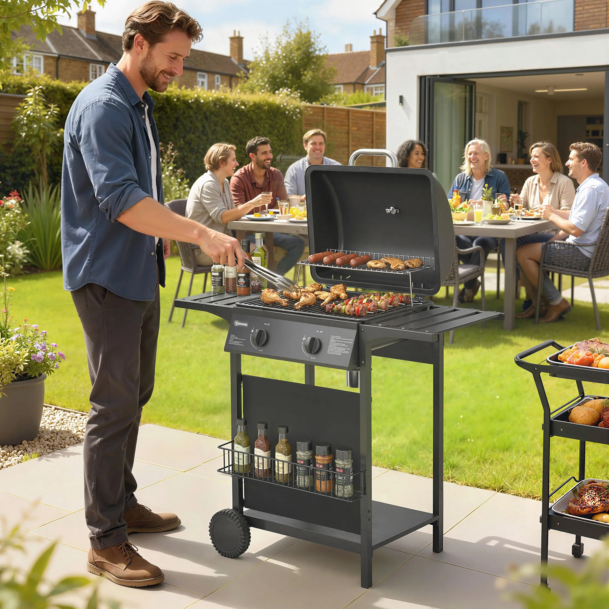 Parrilla de gas de 5 kW con control de temperatura de dos zonas y dos quemadores, parrilla de acero inoxidable de 2 quemadores que incluye cesta inferior con refuerzo, cubierta frontal y termómetro para parrilla.