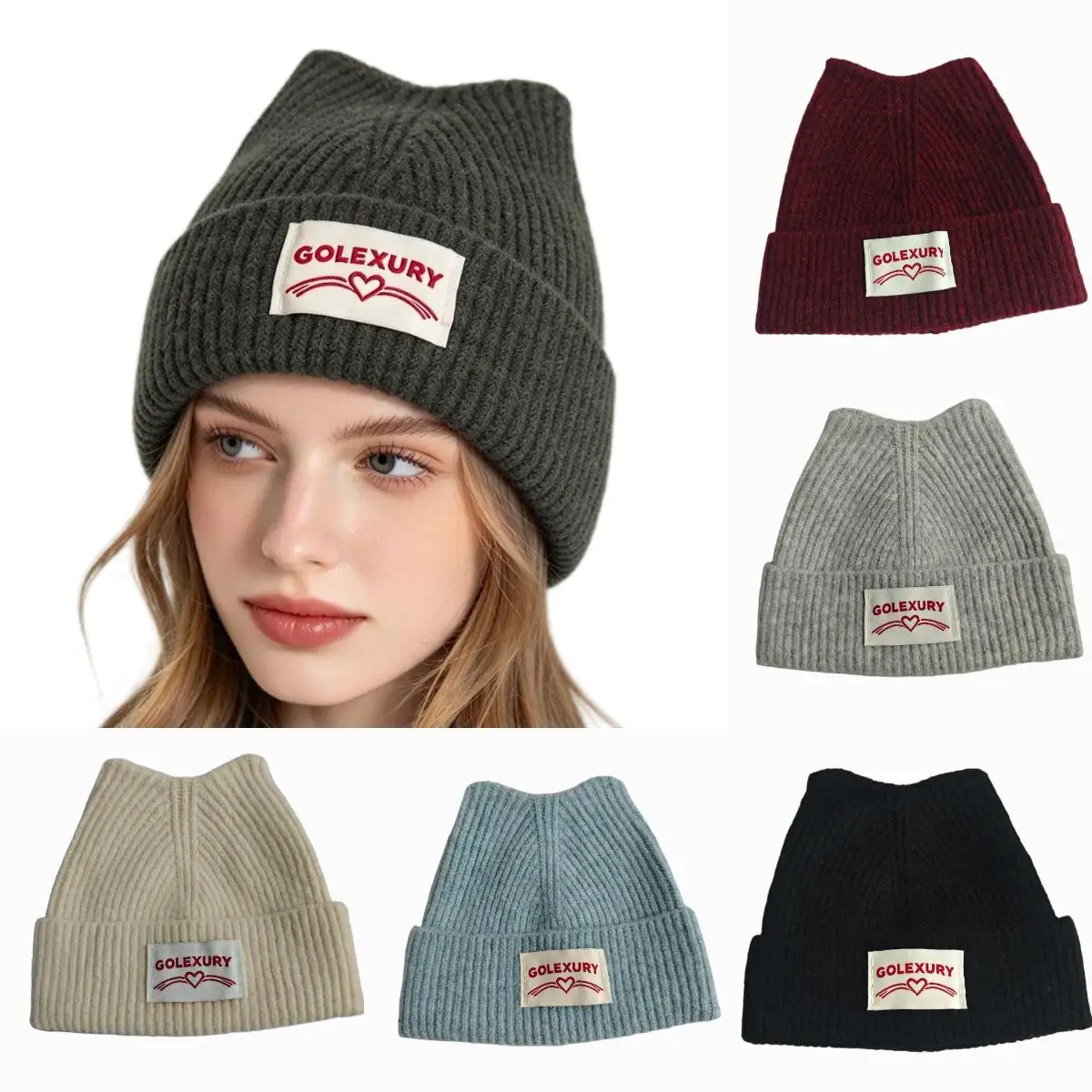 Autumn and Winter Korean-Style Cute Cat-Ear Shaped Knitted Hat FashionableWarm Women's Pullover Hat