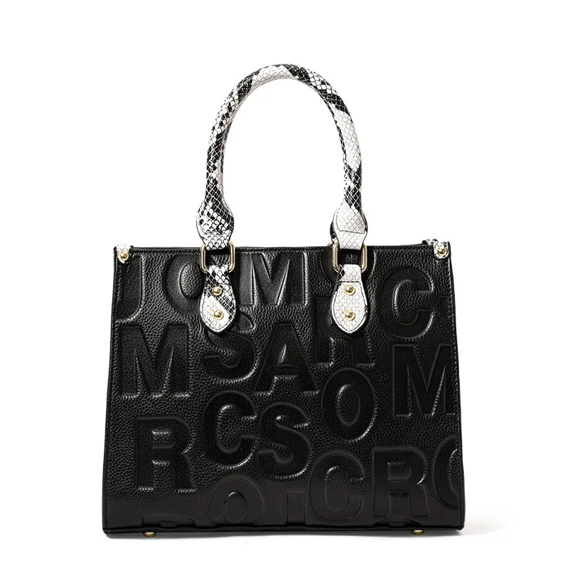 

New Snake Print Spliced Cowhide Tote Bag Women Embossed Letter Handbag Large Capacity Portable Single Shoulder Bag