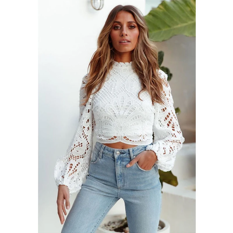 Sexy Long Sleeve Lace Blouse Women Tops Casual White Crochet Hollow Out Cropped Women\'s Shirt Turtleneck Female Blusas 16296