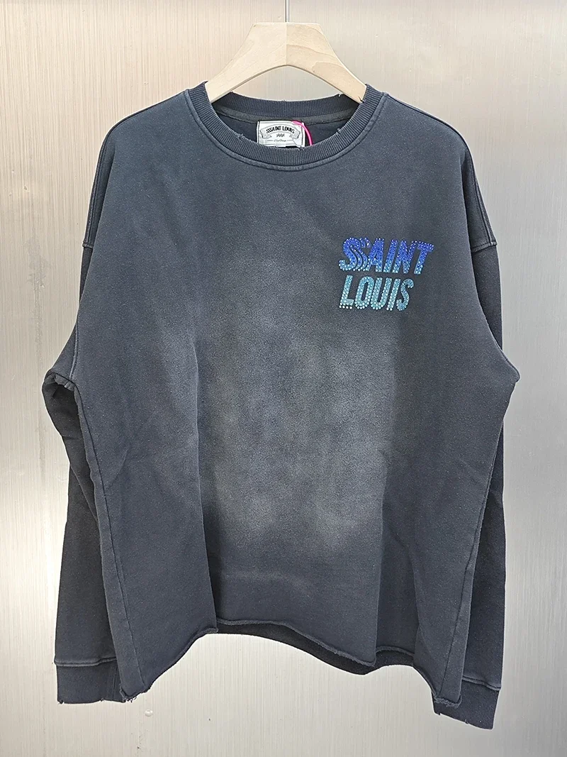 Blue Crystal Sweatshirts Saint Louis Vintage O-Neck Washed Long Sleeve American Style Popular Street Fashion Pullover Winter