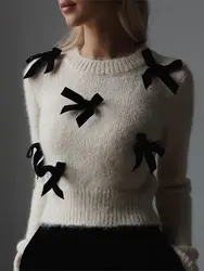 Moda Sweter z kokardą 3d i okrągłym dekoltem dla kobiet Elegancki, ciepły sweter z długim rękawem 2024 Nowa jesienna odzież uliczna dla kobiet dojeżdżających do pracy