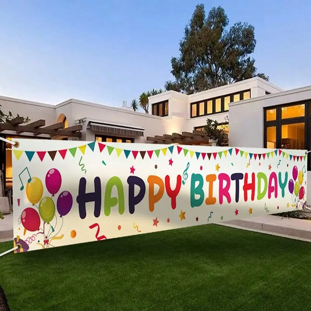 118 x 19,7 Zoll großes, farbenfrohes Hofbanner-Schild „Happy Birthday“, Messingösen und Hängeseil, Geburtstagsparty-Dekoration, Banner