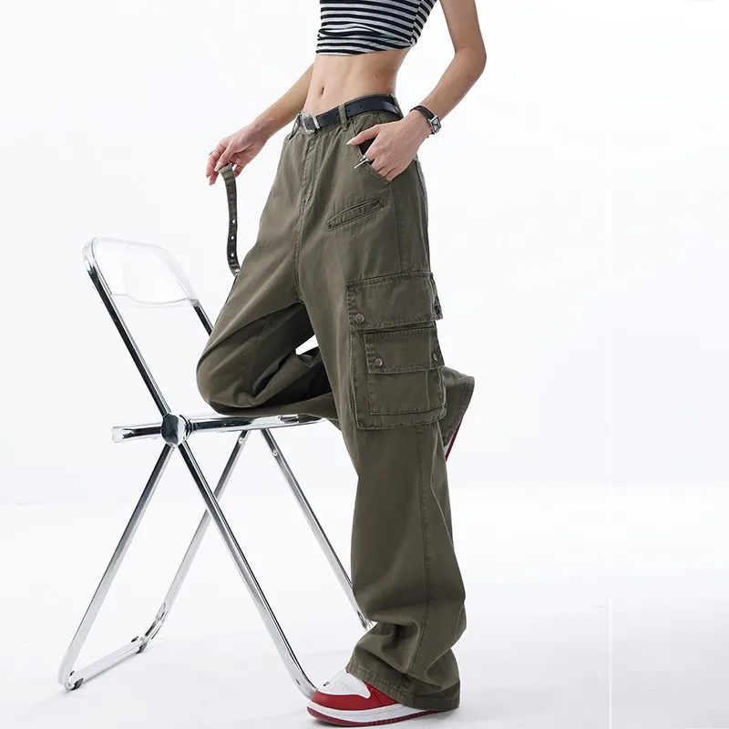 WCFCX STUDIO 90S Vintage Solid Color Parachute Cargo Pants for Women Oversize Pants Harajuku Y2K Aesthetic Low Waist Trousers