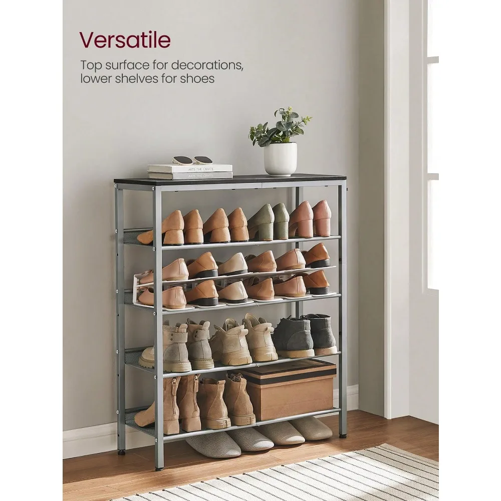 Shoe Rack For Entryway, 5 Tier Shoe Storage Shelves, 16-20 Pairs Shoe Organizer, With Sturdy Wooden Top And Steel Frame,