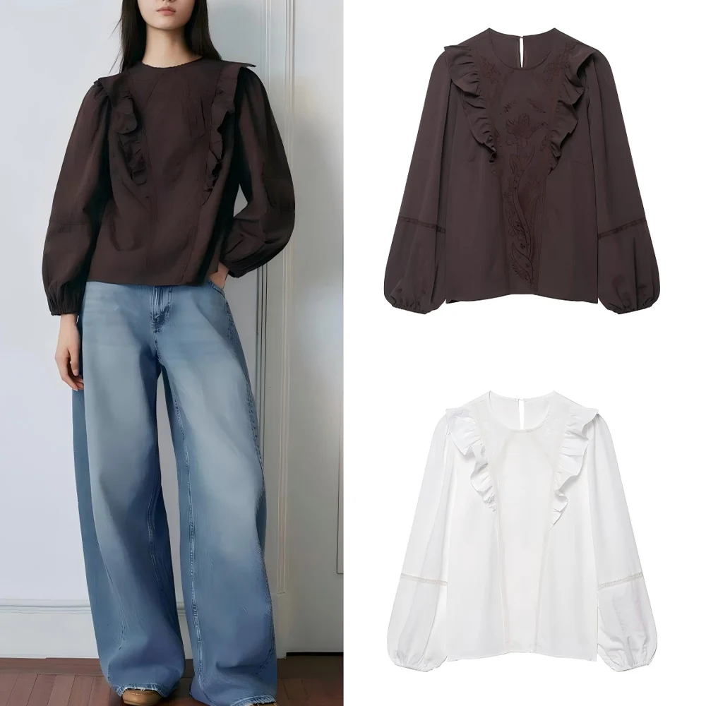 

Women's new fashion ruffle edge decoration casual flower embroidery shirt retro O-Neck long sleeved women's shirt chic top