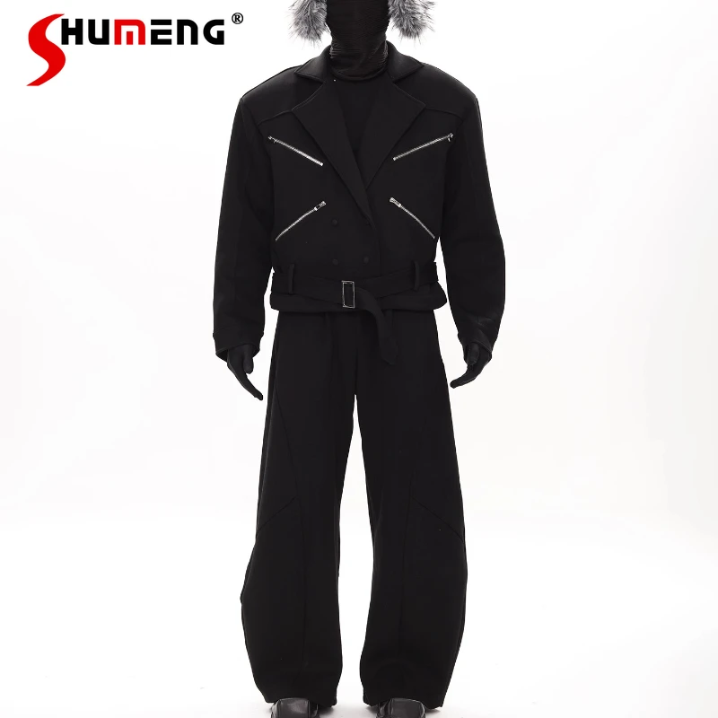 Men's 2025 Autumn New Trendy 2pcs Male Fashion Zipper Design Long Sleeve Cotton Jackets Suit Blazers Solid Color Two-Piece Sets