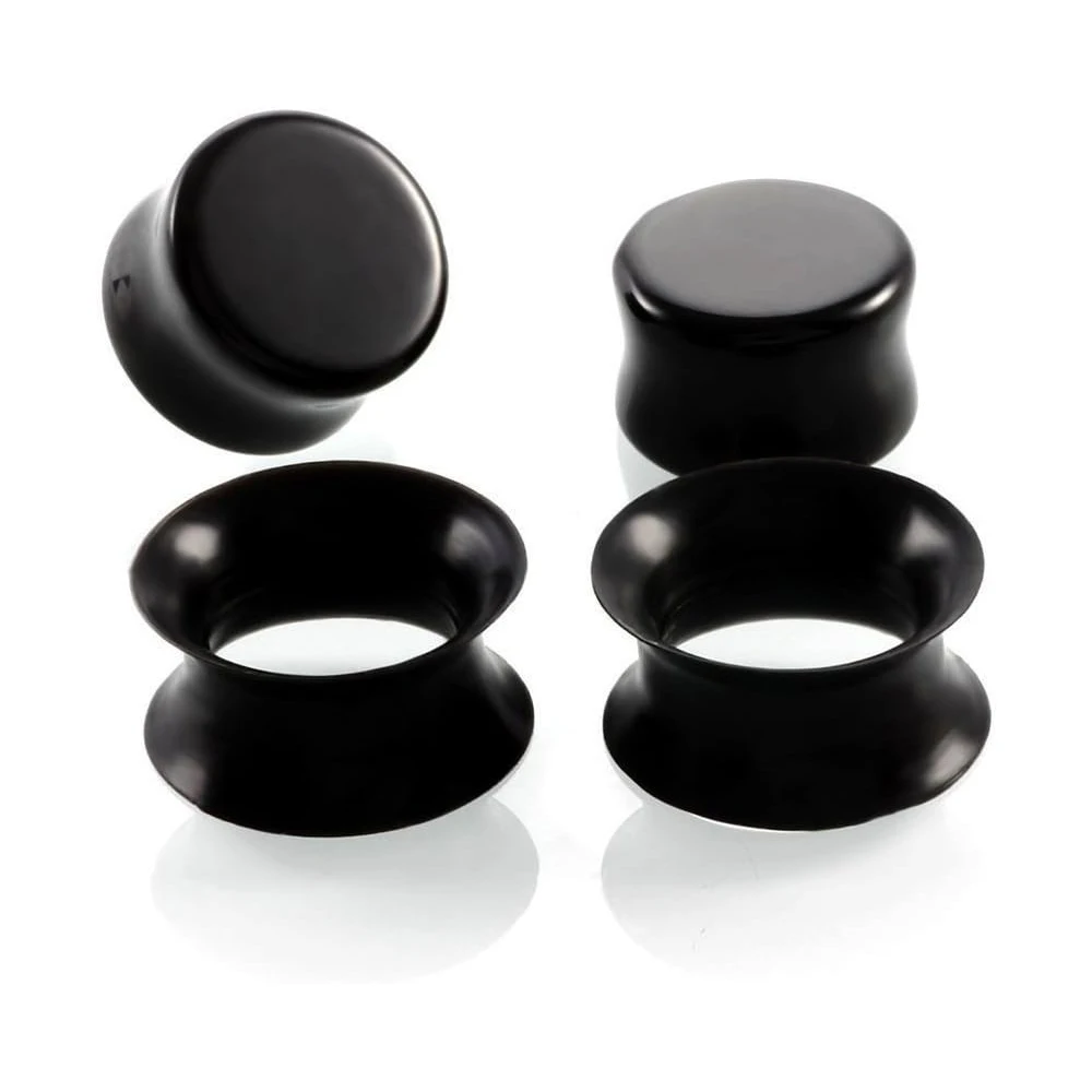 2 Pairs Black Acrylic and Ultra-Thin Silicone Ear Gauges Plugs Tunnels Expanders Stretcher Body Piercing Jewelry