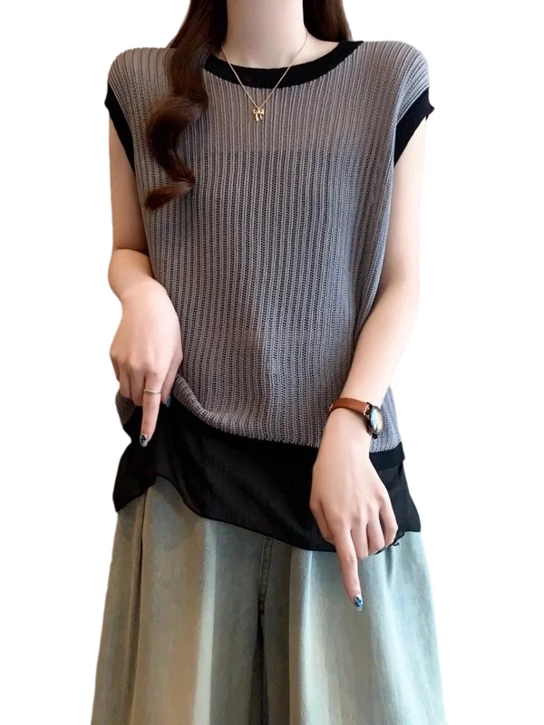 블라 화이트 스트라이프 홀로우 아웃 니트 아이스 실크 베스트 여성 여름 대형 사이즈 루즈 핏 슬림 탑 쉬폰 헴 출퇴근용