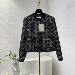 2024 Autumn New Large Pockets Black Long Sleeve Tweed White Plaid Jacket for Women