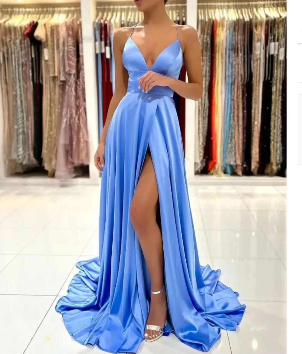 Light Sky Blue A Line Prom Dresses, cetim até o chão, pregas Backless, Split Lado Alto, Vestidos de Noite Formais, Personalizado