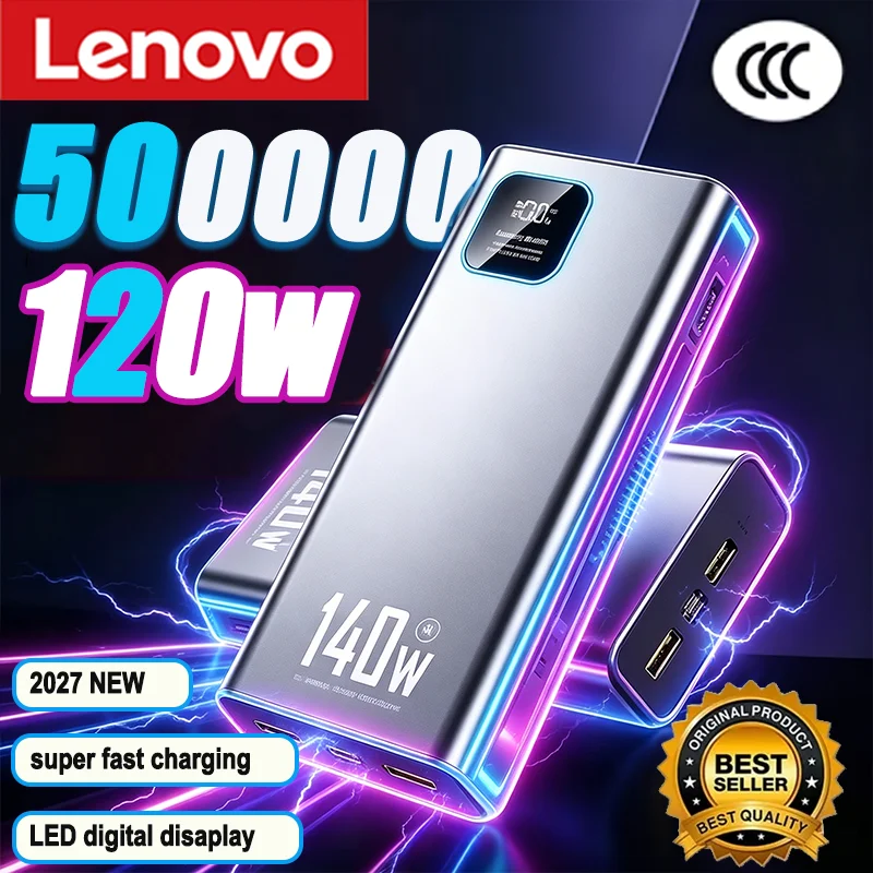 Lenovo 2027 500000mAh High Capacity 140W CCC Power Bank Portable Super Fast Charging Battery Charger for iPhone17 Samsung Xiaomi
