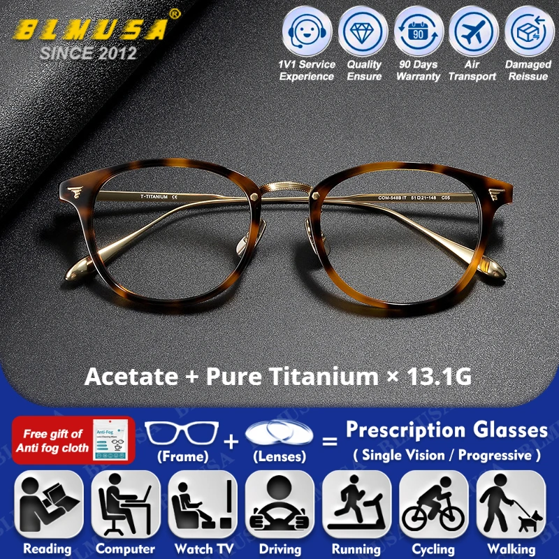 

BLMUSA (M) Blue Light Blocking Retro Oval Pure Titanium Acetate Prescription Glasses Women Progressive Reading Optical Eyeware