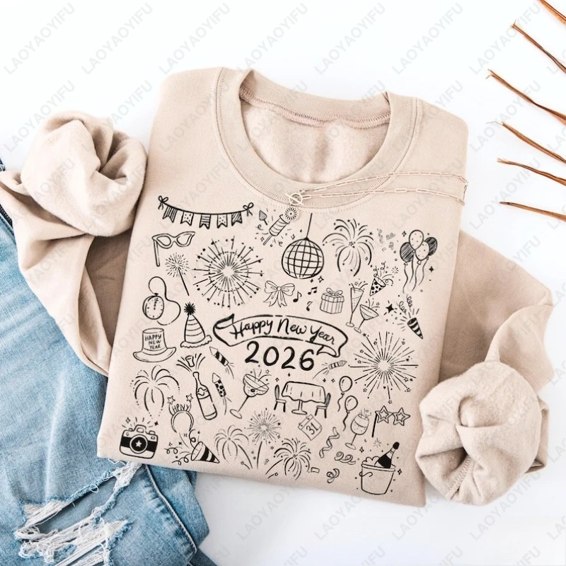 

Happy New Year Doodle Sweatshirt New Years Eve Party Crewneck Matching Family Christmas Gift Holiday 2026 Line Graphic Pullover