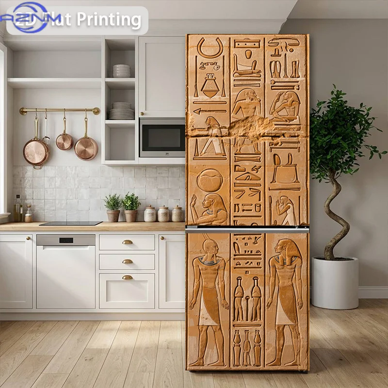 Printing Refrigerator Sticker Ancient Egyptian Hieroglyph Engraving Themed Design, Self-Adhesive Wall Decal Wallpaper, Suitabl