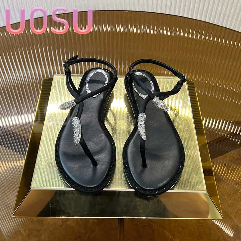 

2024 New Designer Ladies Thong Slippers Luxury Crystal Real Cowhide Flat Shoes Fashion Outdoor Party Slippers Women Shoes