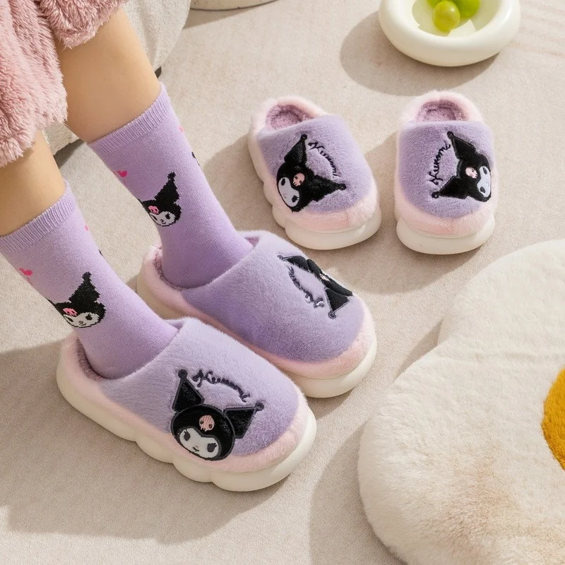 Sanrio Hello Kitty Cute Sweet Warm Home Women's Shoes Kulomie Cartoon Versatile Plush Platform Bag Toe Cotton Slippers