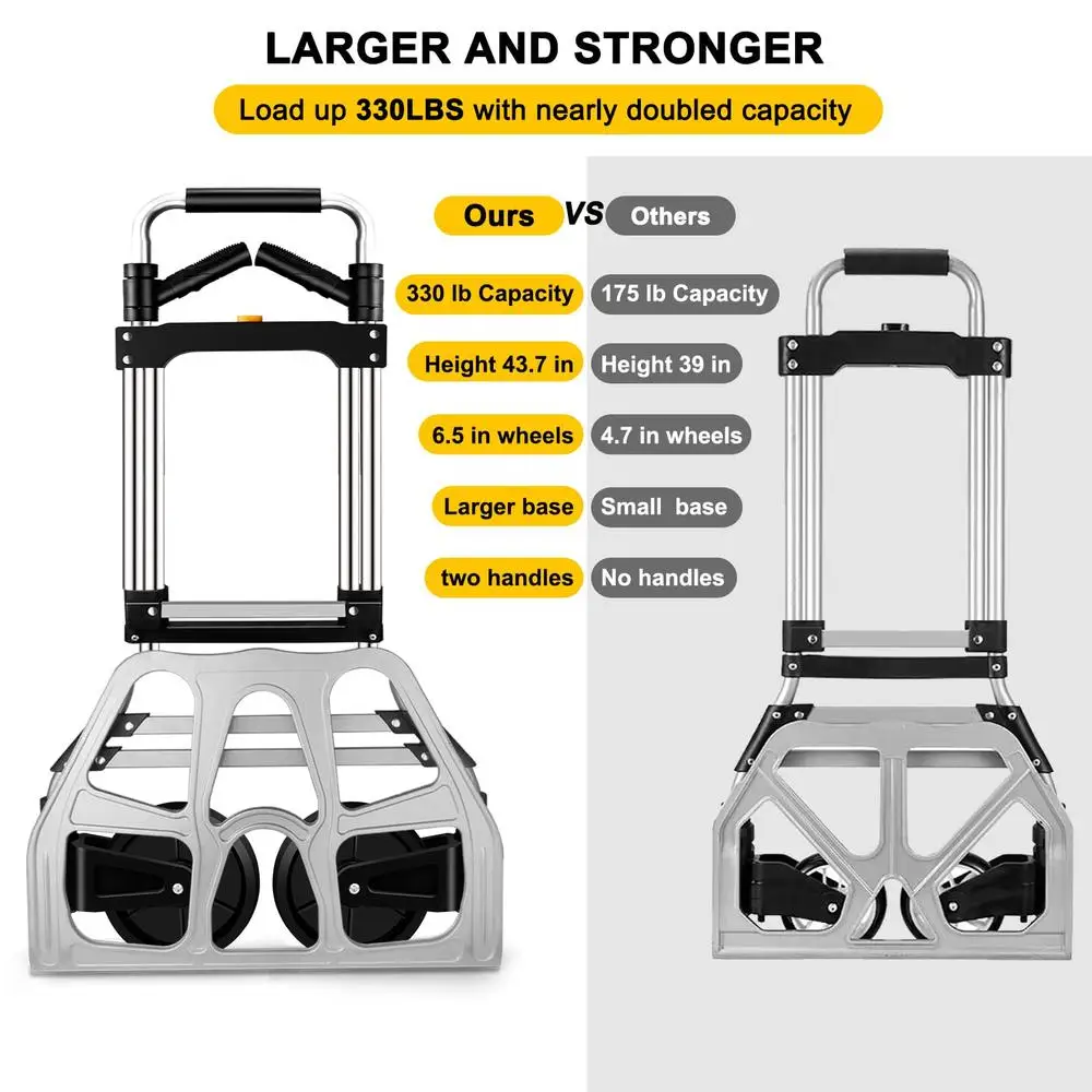 รถบรรทุกมือพับ Dolly Cart ความจุ 330 ปอนด์อลูมิเนียมแบบพกพา Telescoping Handle ยางล้อรถเข็นขนส่ง